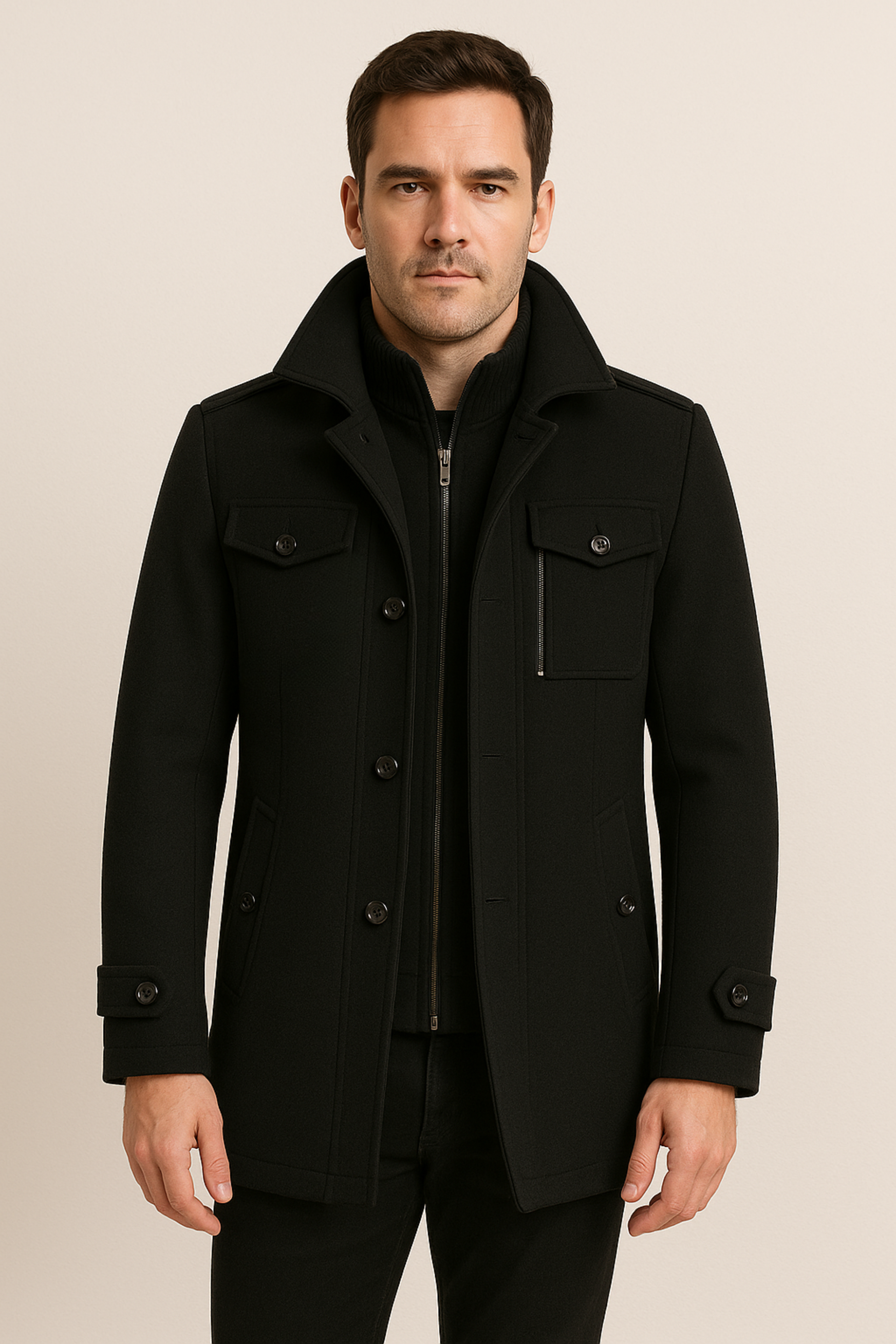Herren Winterjacke Wolle Reißverschluss Einreiher Schwarz - Norvielle