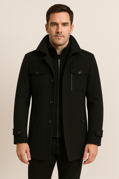 Herren Winterjacke Wolle Reißverschluss Einreiher Schwarz - Norvielle