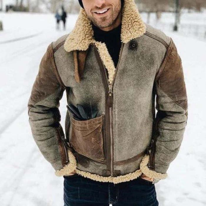 Herren Lederjacke Warm Reißverschluss Sherpa-Futter Schwarz - Norvielle