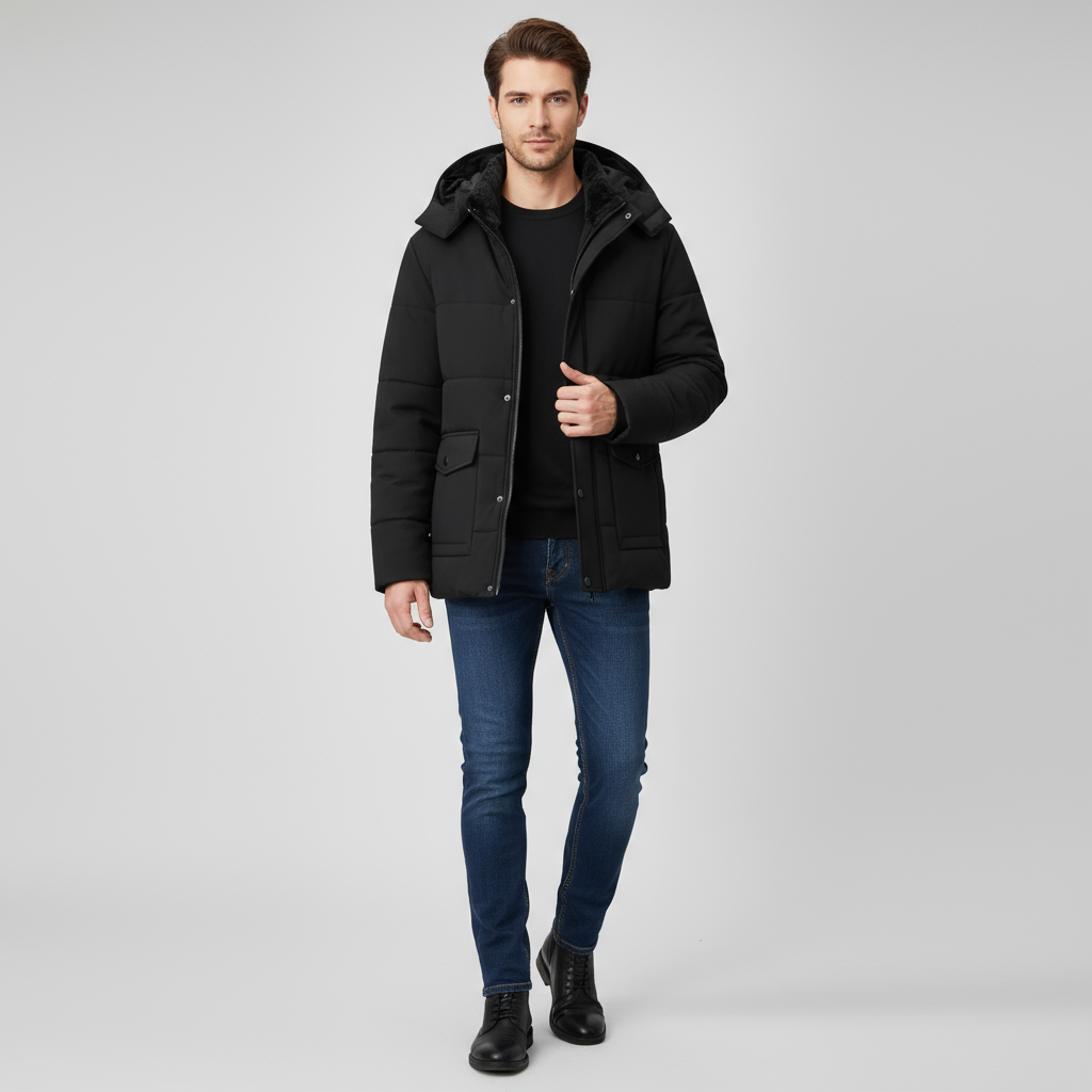 Herren Winterparka Steppfüllung Kapuze Schwarz - Norvielle
