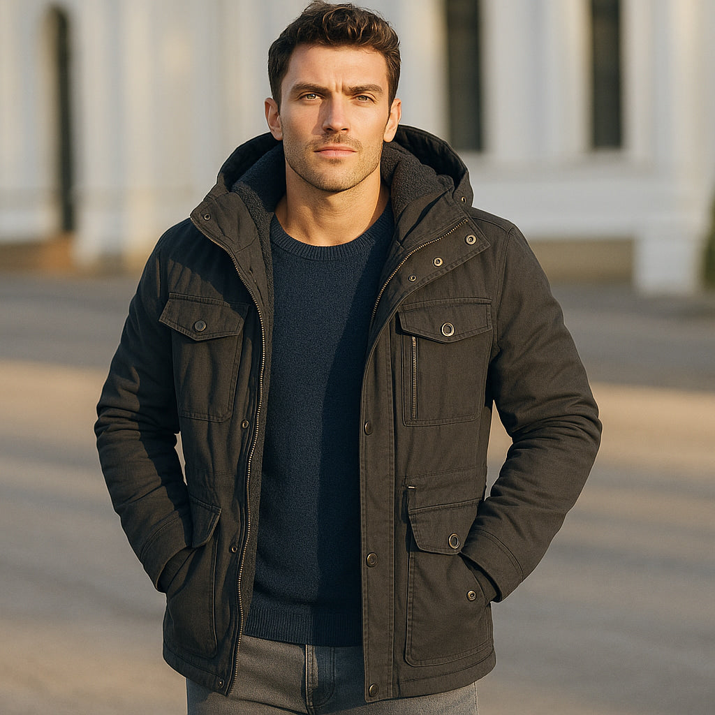 Herren Daunenjacke Fleecegefüttert Mit Kapuze Schwarz - Norvielle