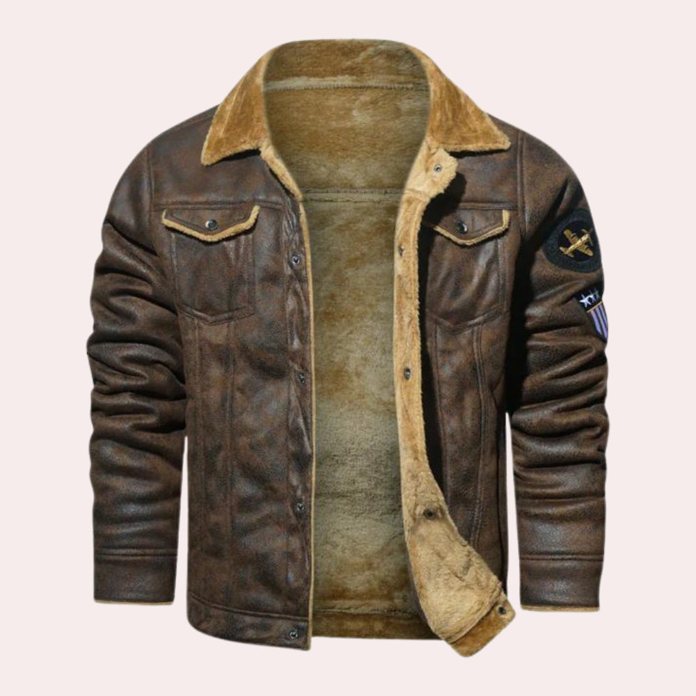 Herren Fliegerjacke Leder Fleece gefüttert Schwarz - Norvielle