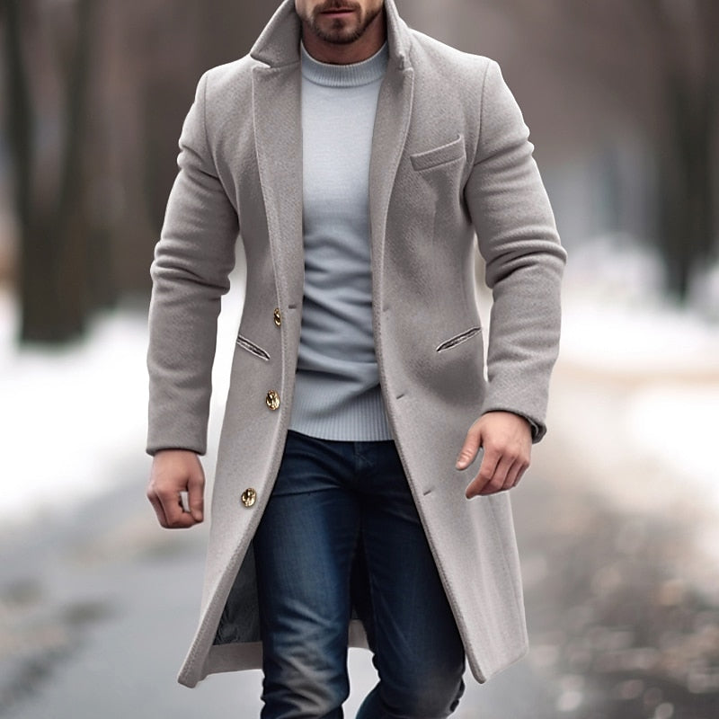 Herren Winter-Trenchcoat Woll-Einreihig Schwarz - Norvielle