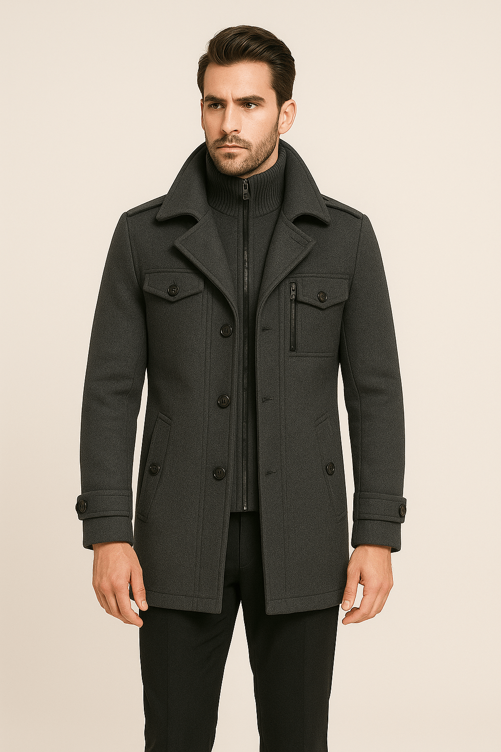 Herren Winter Trenchcoat Wolljacke Doppellagig Schwarz - Norvielle