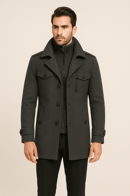 Herren Winter Trenchcoat Wolljacke Doppellagig Schwarz - Norvielle