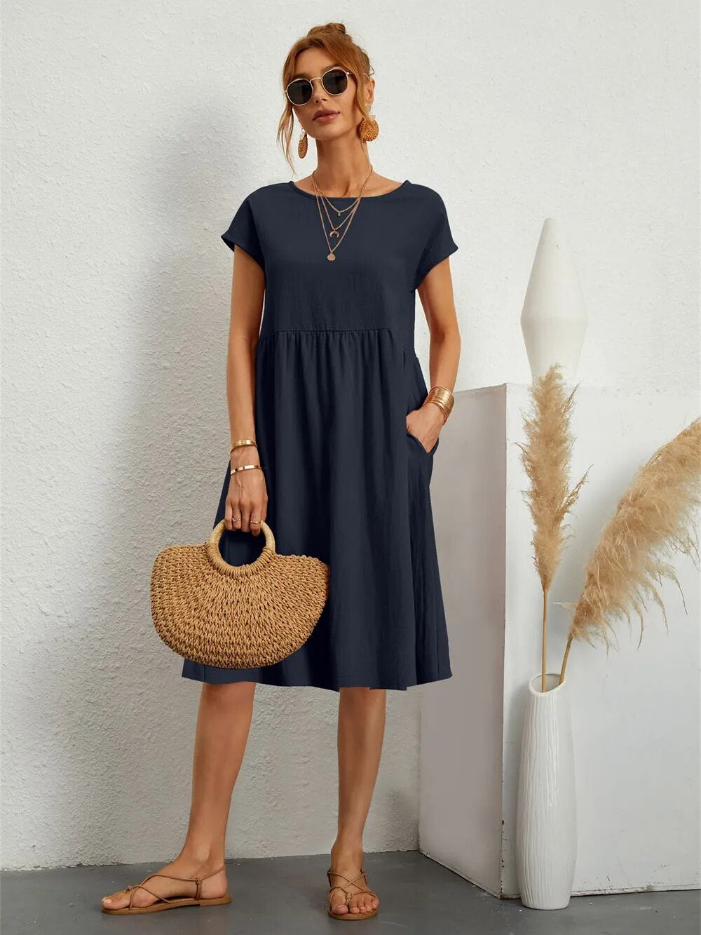 Damen Midikleid Kurzarm mit Taschen