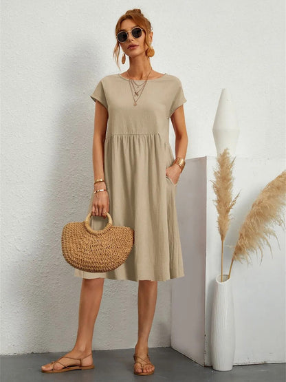 Damen Midikleid Kurzarm mit Taschen