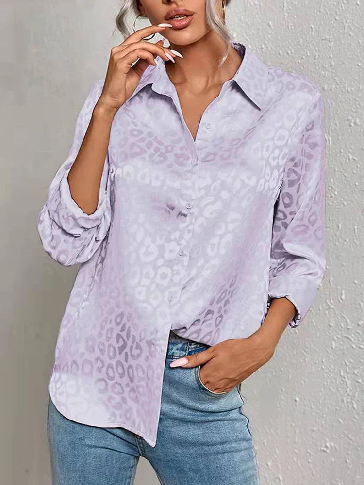 Damen Bluse Glanz-Effekt Langarm Knopfleiste