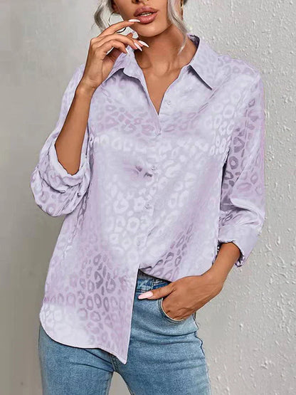 Damen Bluse Glanz-Effekt Langarm Knopfleiste