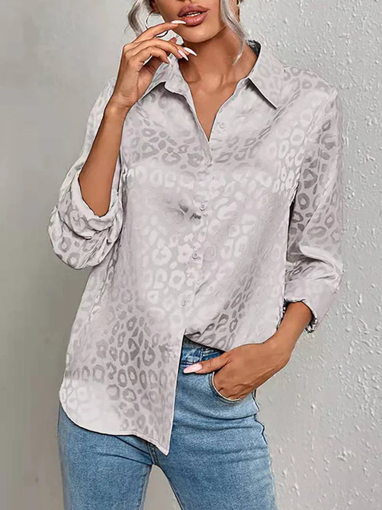 Damen Bluse Glanz-Effekt Langarm Knopfleiste