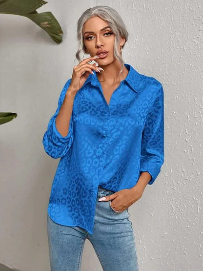 Damen Bluse Glanz-Effekt Langarm Knopfleiste