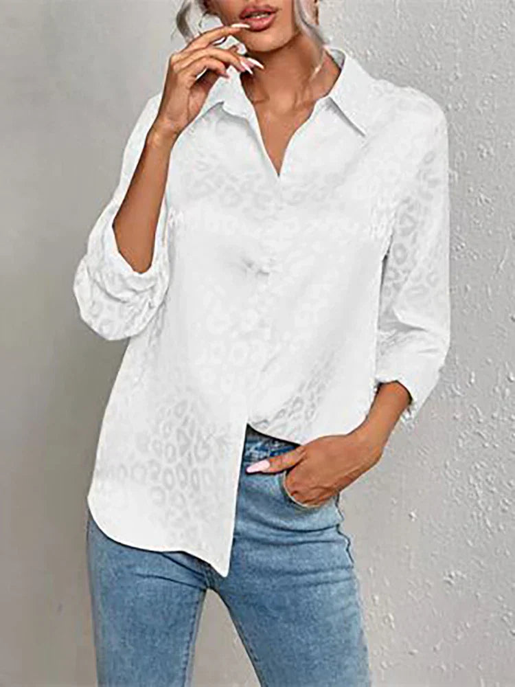 Damen Bluse Glanz-Effekt Langarm Knopfleiste