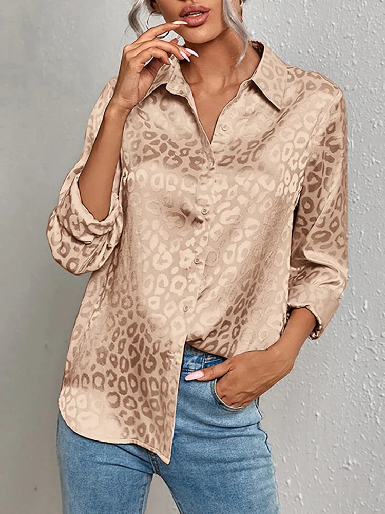 Damen Bluse Glanz-Effekt Langarm Knopfleiste