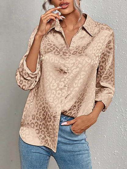 Damen Bluse Glanz-Effekt Langarm Knopfleiste