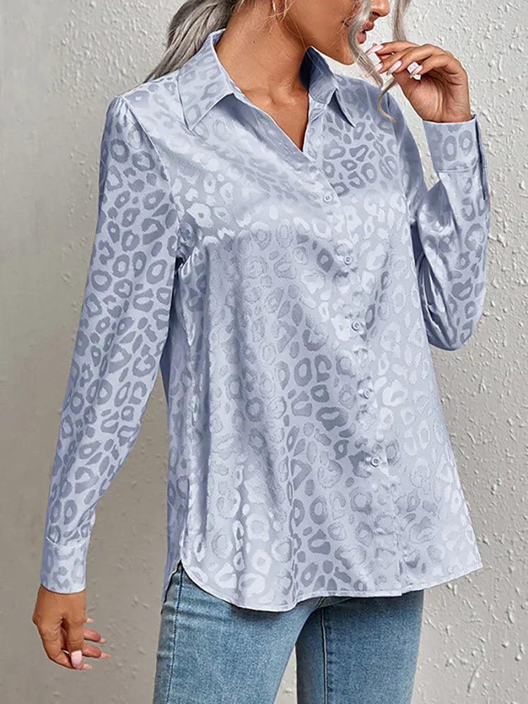 Damen Bluse Glanz-Effekt Langarm Knopfleiste