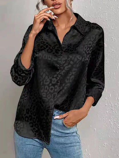 Damen Bluse Glanz-Effekt Langarm Knopfleiste