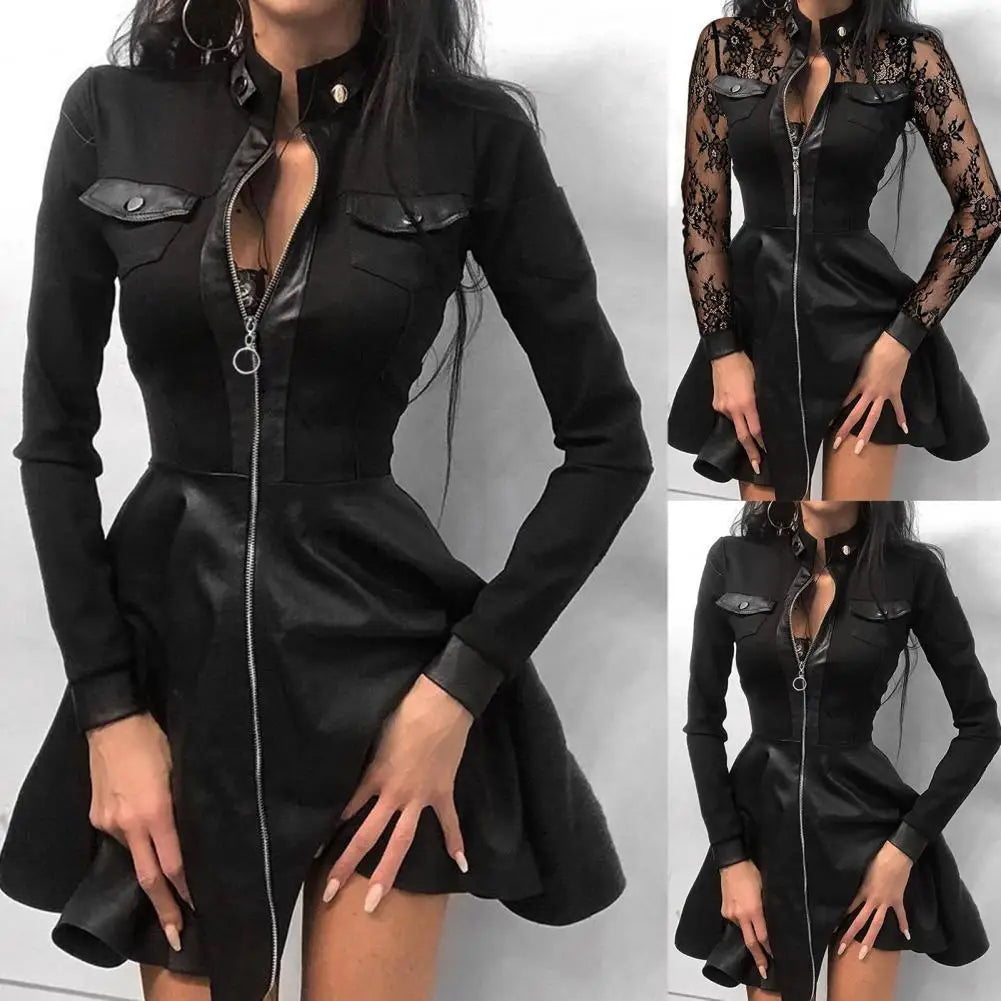Norvielle Damenkleid aus PU mit langen Ärmeln Schwarz - Norvielle