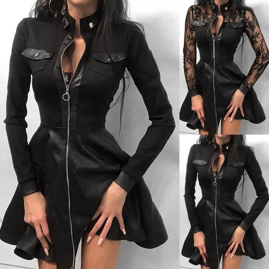 Norvielle Damenkleid aus PU mit langen Ärmeln Schwarz - Norvielle