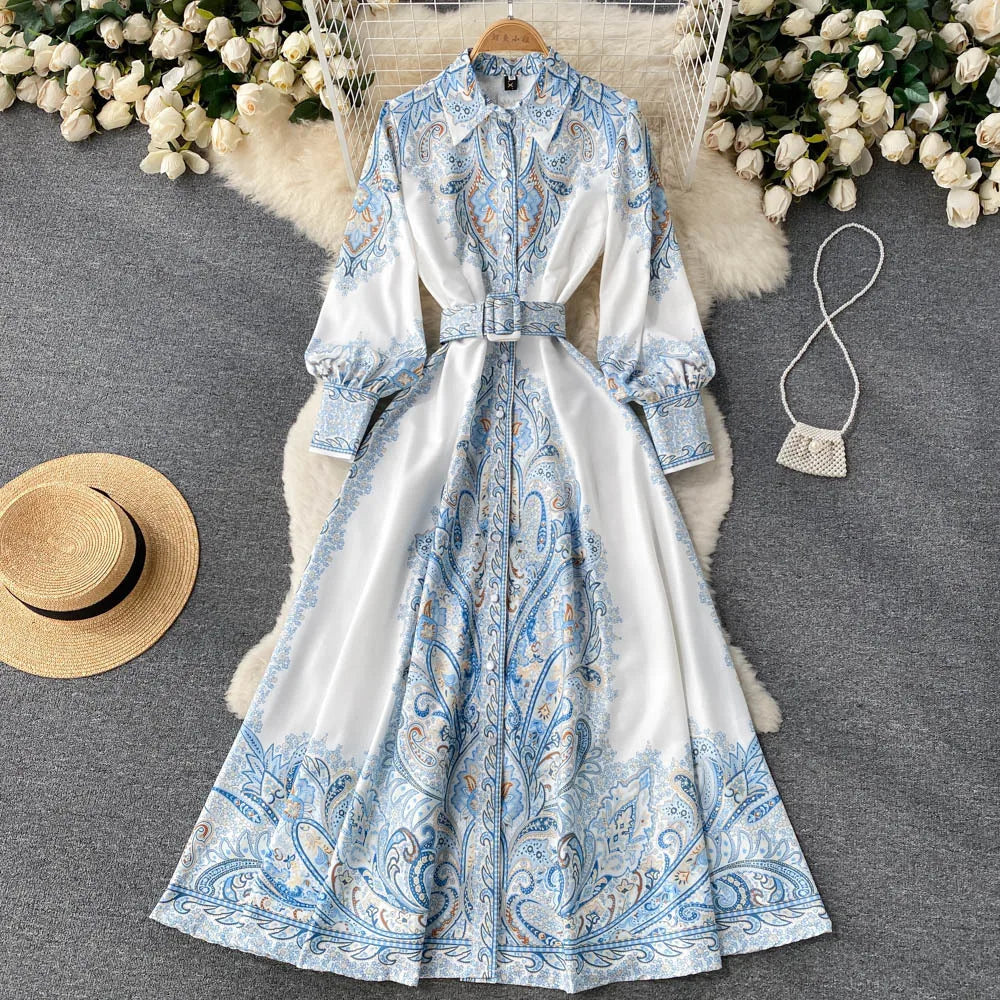 Damen A-Linienkleid mit Gürtel Blumenmuster - Norvielle