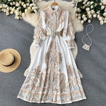 Damen A-Linienkleid mit Gürtel Blumenmuster