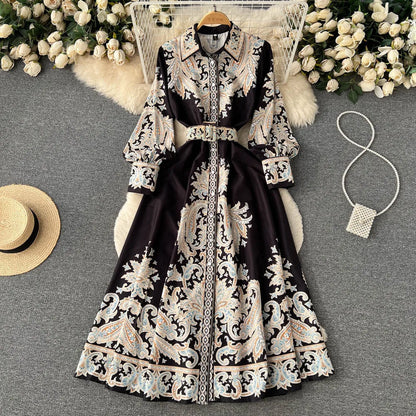 Damen A-Linienkleid mit Gürtel Blumenmuster
