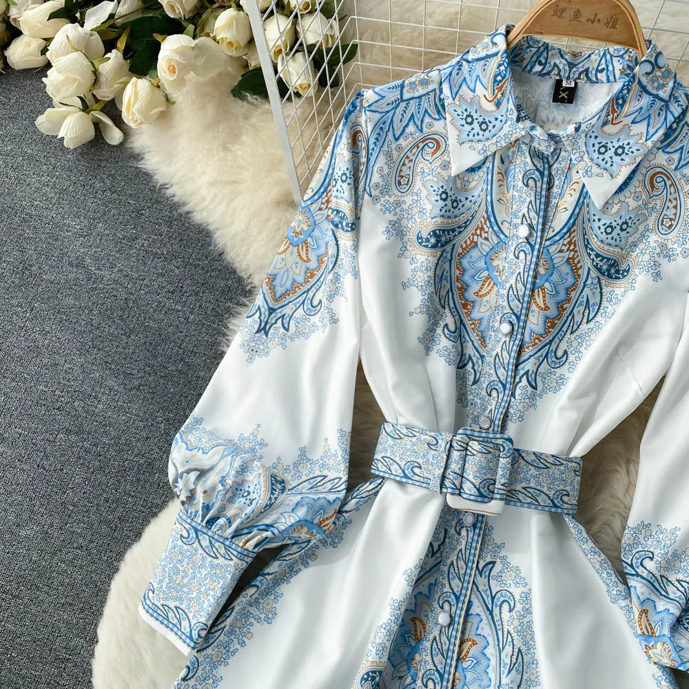 Damen A-Linienkleid mit Gürtel Blumenmuster