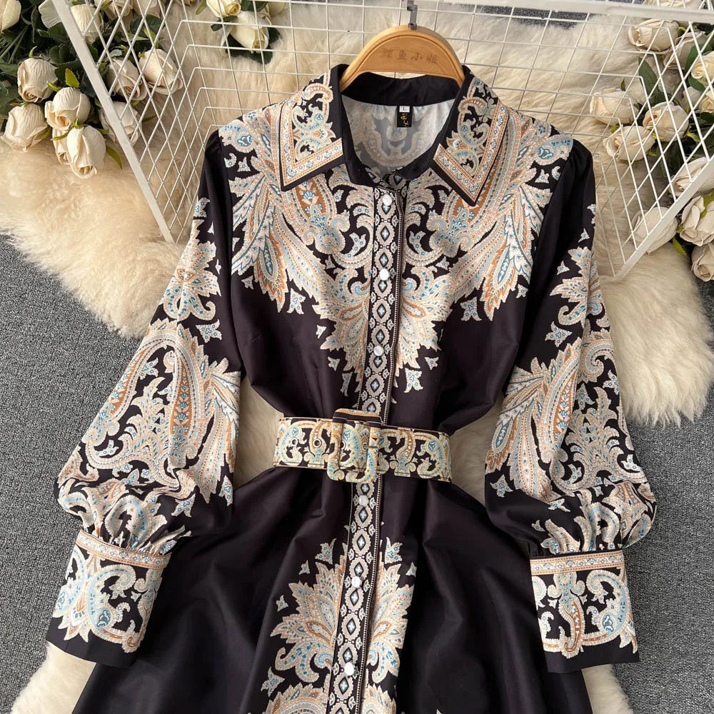 Damen A-Linienkleid mit Gürtel Blumenmuster