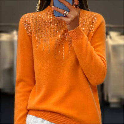 Damen Pullover Halbrollkragen Pailletten Bequem