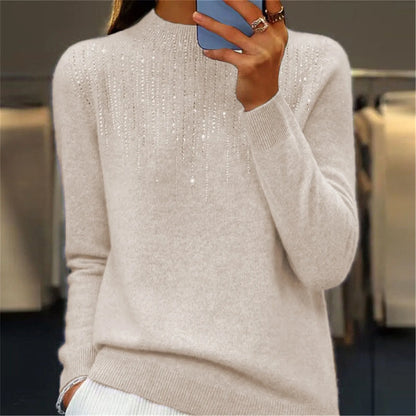 Damen Pullover Halbrollkragen Pailletten Bequem