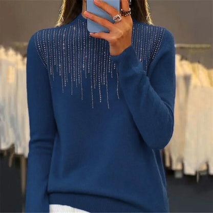 Damen Pullover Halbrollkragen Pailletten Bequem