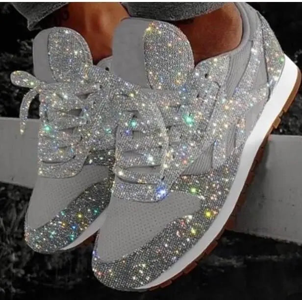 Damen Sneaker Glitzer Schnürverschluss
