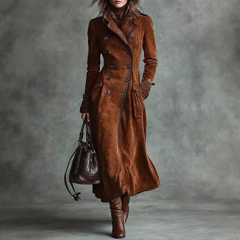 Norvielle Damen Trenchcoat Wildleder-Style Doppelreihig Lang