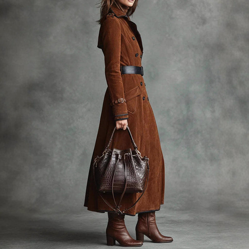 Norvielle Damen Trenchcoat Wildleder-Style Doppelreihig Lang Schwarz - Norvielle