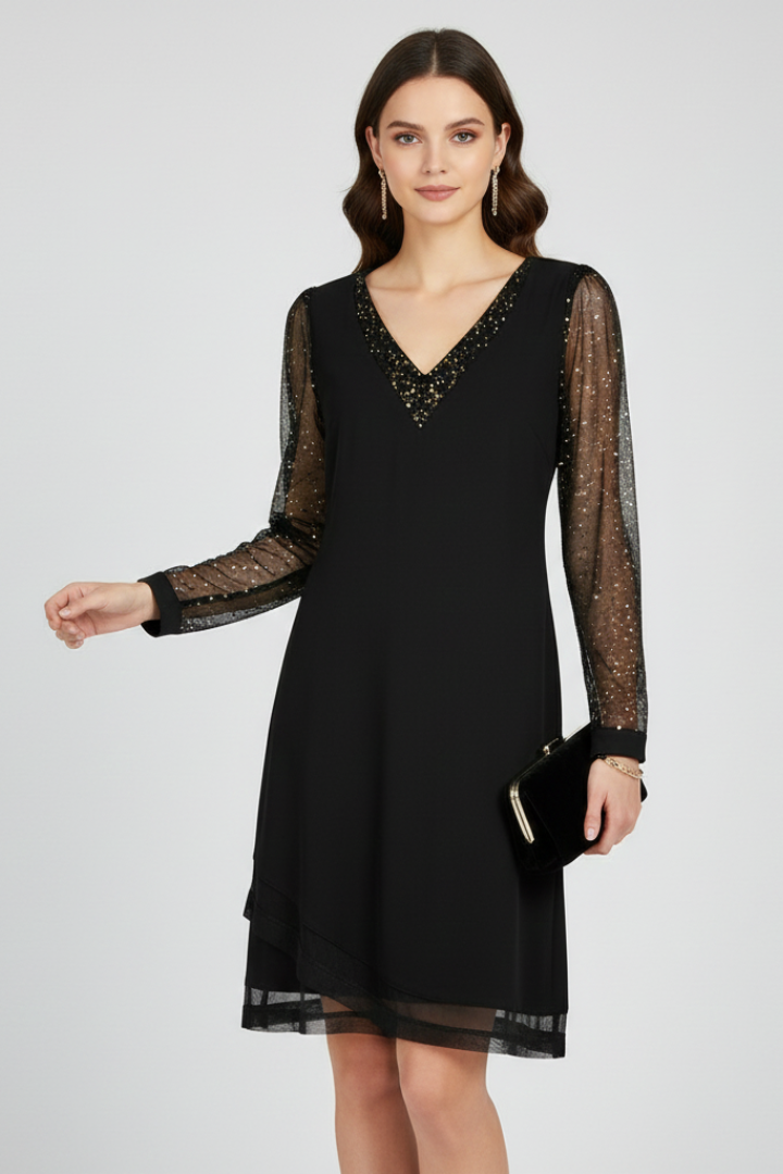 Damen Cocktailkleid V-Ausschnitt Paillettenärmel