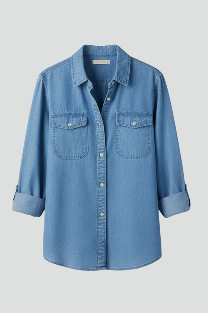 Damen Denimhemd Knopfleiste Vorne Länge Ärmel Blau - Norvielle