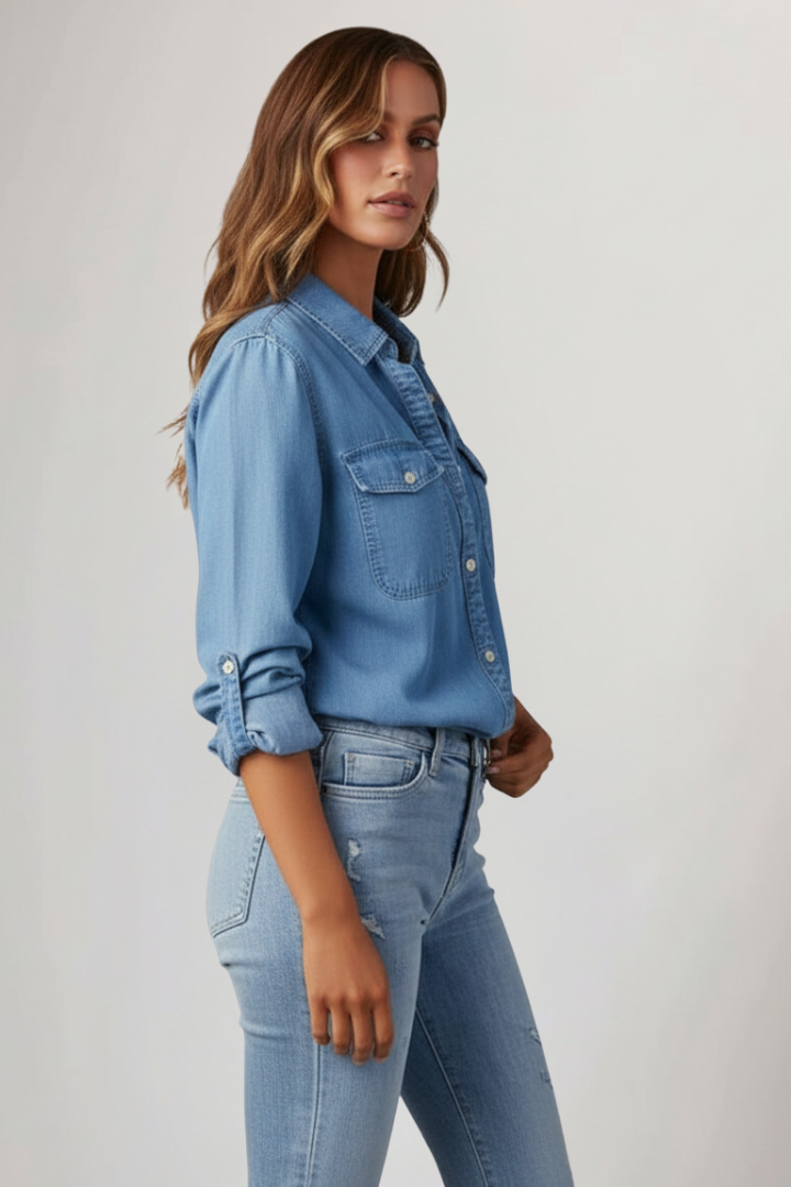Damen Denimhemd Knopfleiste Vorne Länge Ärmel