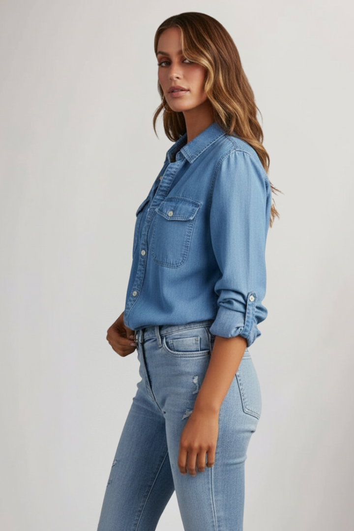 Damen Denimhemd Knopfleiste Vorne Länge Ärmel