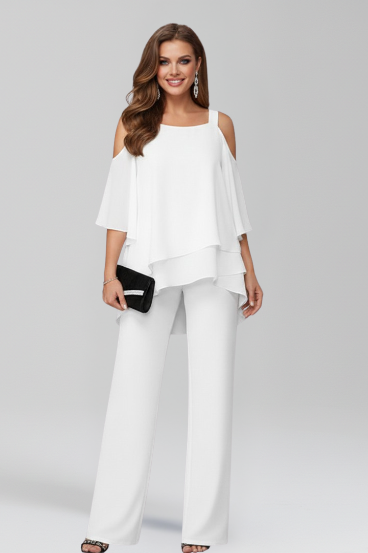 Damen Cold-Shoulder Jumpsuit Fließend Weite Bein