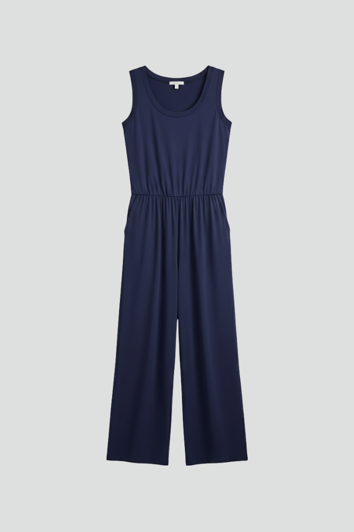Damen Rundhals Jumpsuit Elastischer Bund Wide-Leg Schwarz - Norvielle