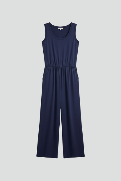 Damen Rundhals Jumpsuit Elastischer Bund Wide-Leg Schwarz - Norvielle