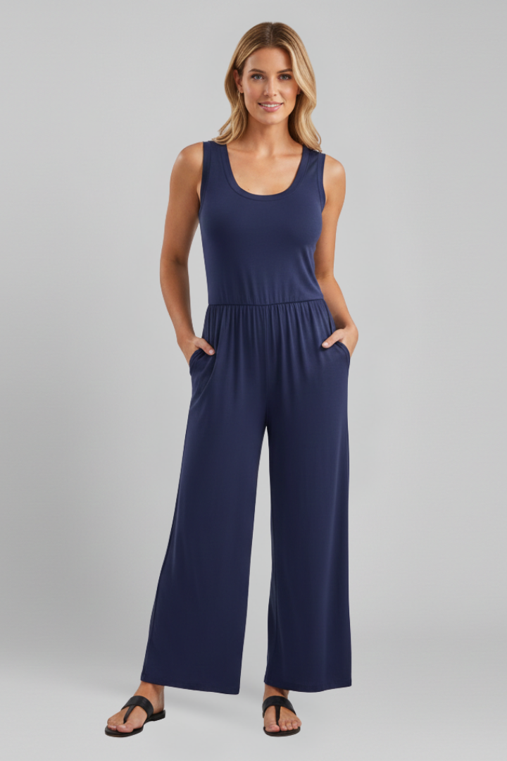 Damen Rundhals Jumpsuit Elastischer Bund Wide-Leg