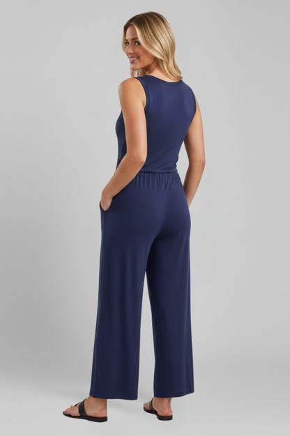Damen Rundhals Jumpsuit Elastischer Bund Wide-Leg
