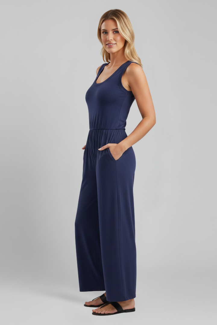 Damen Rundhals Jumpsuit Elastischer Bund Wide-Leg