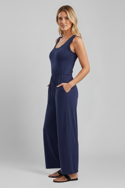 Damen Rundhals Jumpsuit Elastischer Bund Wide-Leg