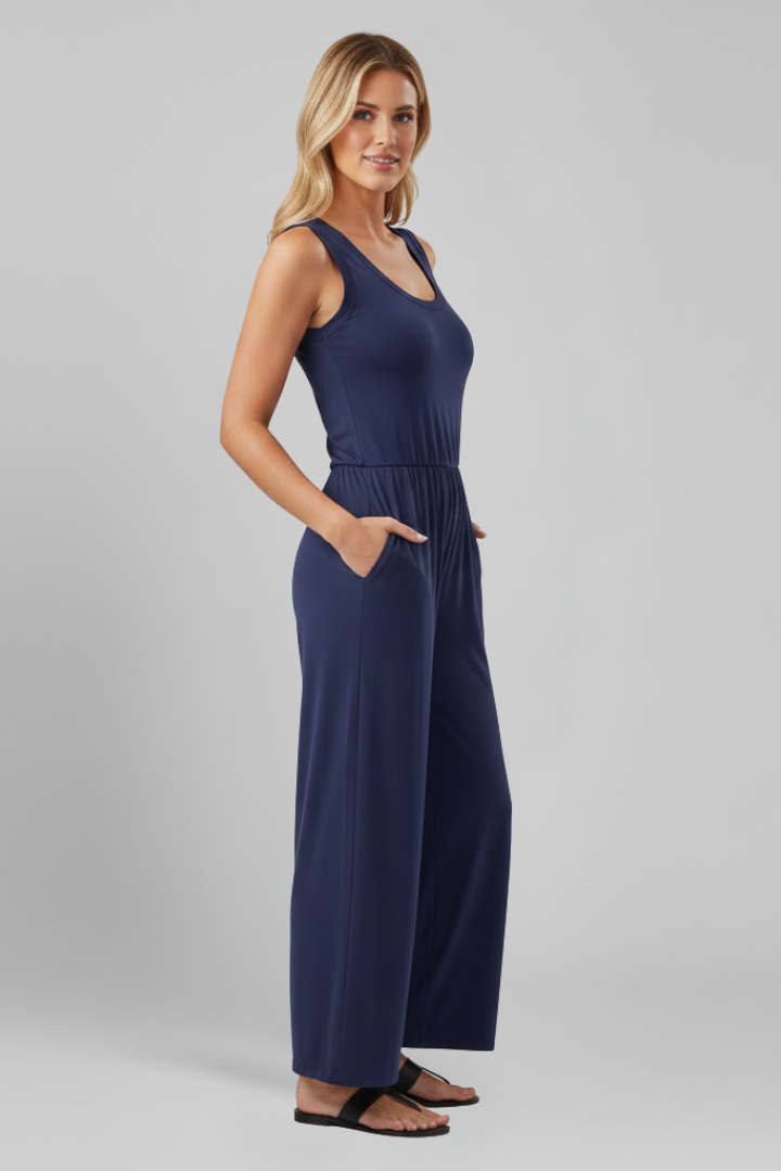 Damen Rundhals Jumpsuit Elastischer Bund Wide-Leg