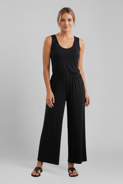 Damen Rundhals Jumpsuit Elastischer Bund Wide-Leg