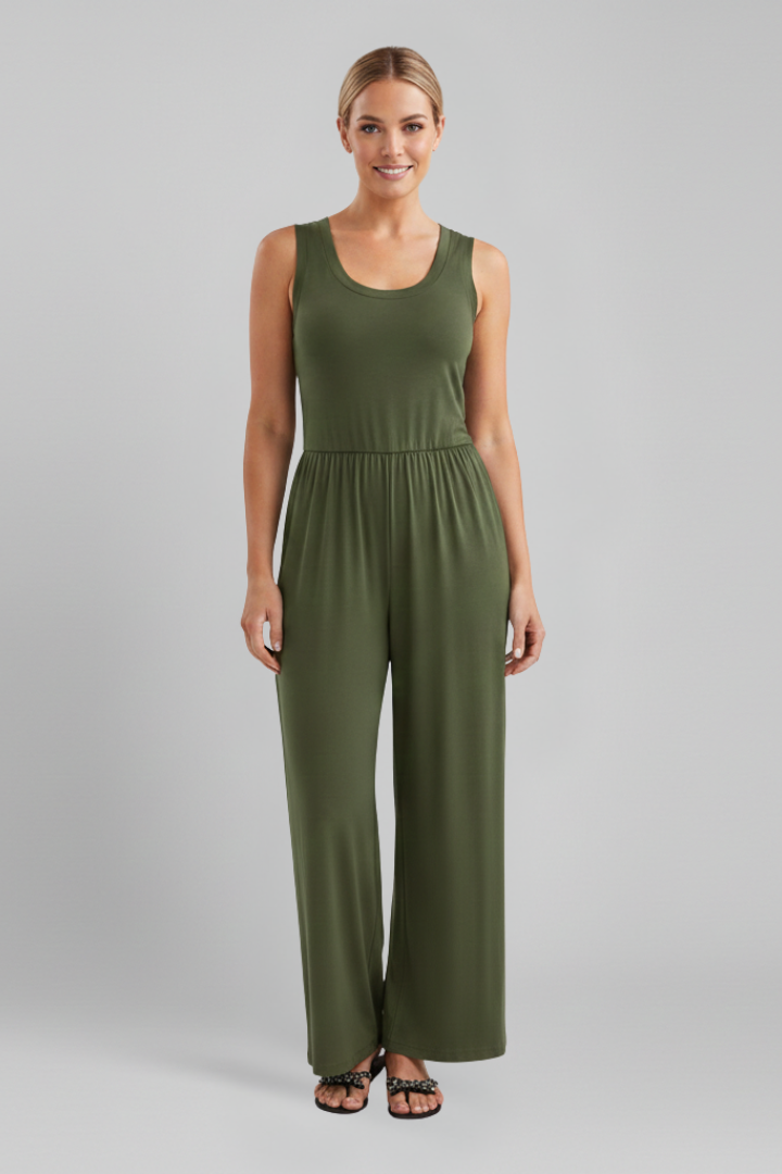 Damen Rundhals Jumpsuit Elastischer Bund Wide-Leg