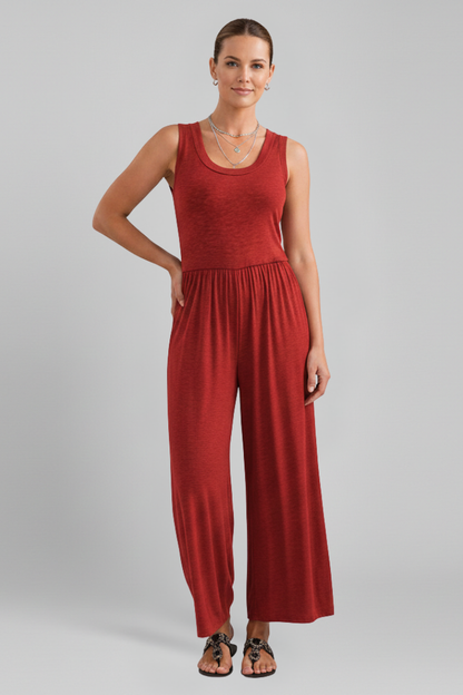 Damen Rundhals Jumpsuit Elastischer Bund Wide-Leg