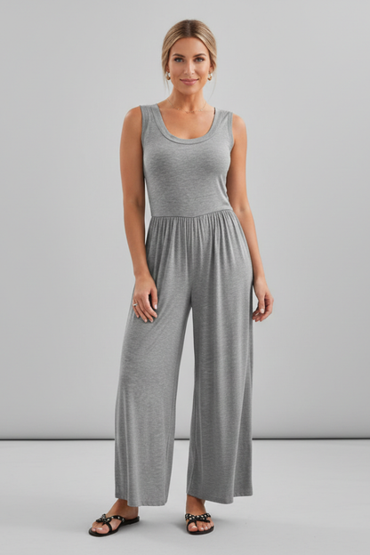 Damen Rundhals Jumpsuit Elastischer Bund Wide-Leg