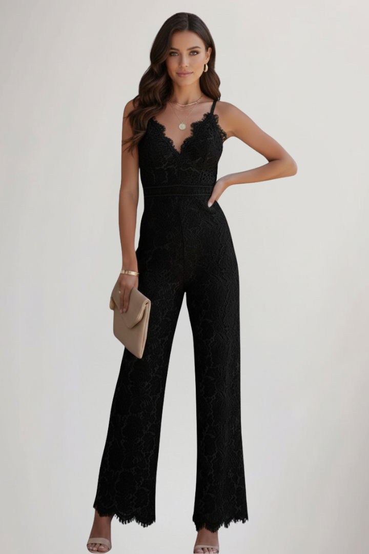 Damen Ärmellose Jumpsuit Spitze V-Ausschnitt Weite Beine